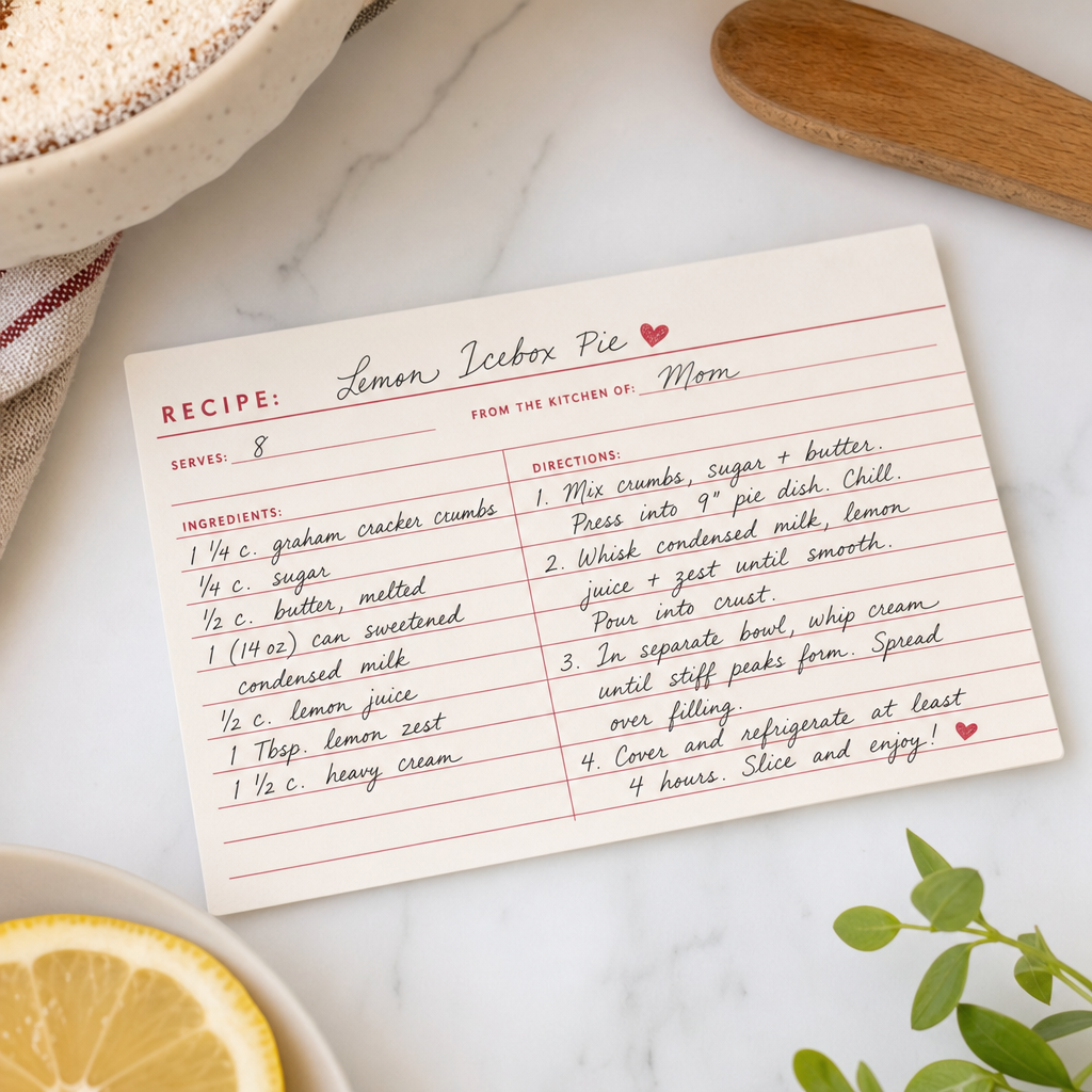 Handwritten lemon pie recipe card