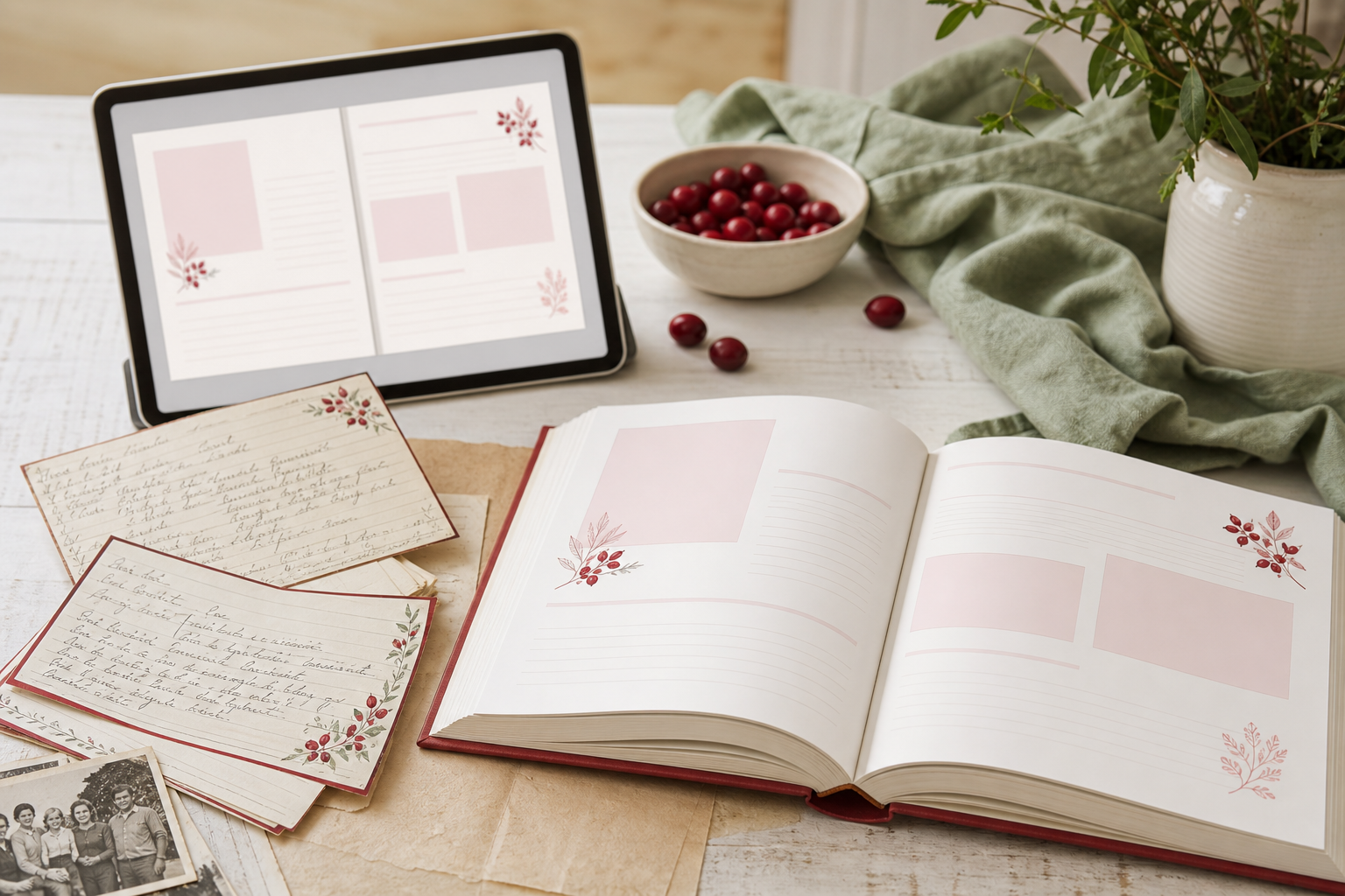 Recipe cards and an open cookbook preview on a family table